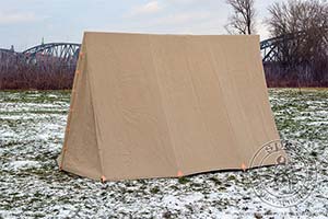 Medieval soldier triangle tent. Medieval Market, Side view of medieval soldier triangle tent 