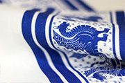 Printed linen Florence Dragons pattern - Medieval Market, on a white cloth for a tablecloth